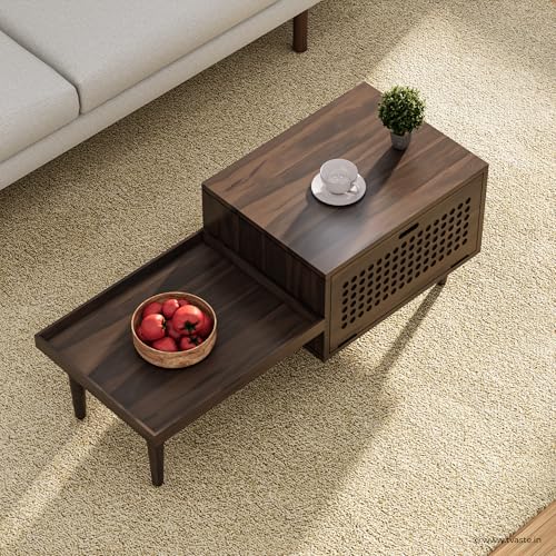 Image of KOVA Solid Sheesham Wood Coffee Table & Centre Table for Living Room with Lift-Down Shutter Storage and Open Side Tray (Dotted, Walnut Finish)