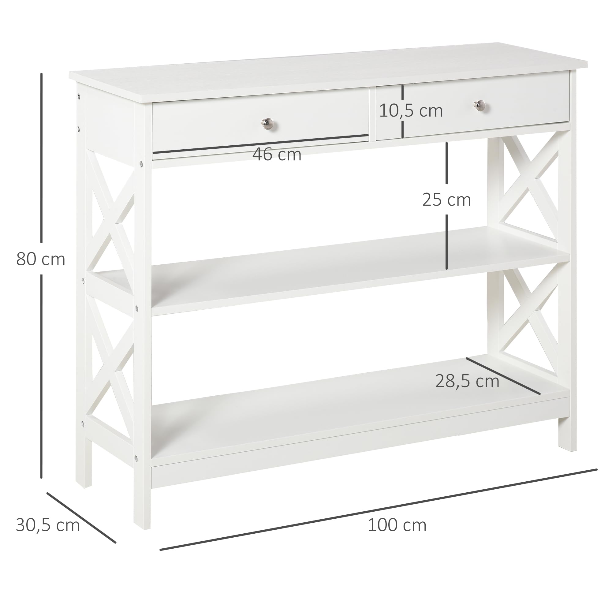 HOMCOM Table de Console Néo-Rétro 2 Tiroirs 100L x 30.5l x 80H cm Blanc