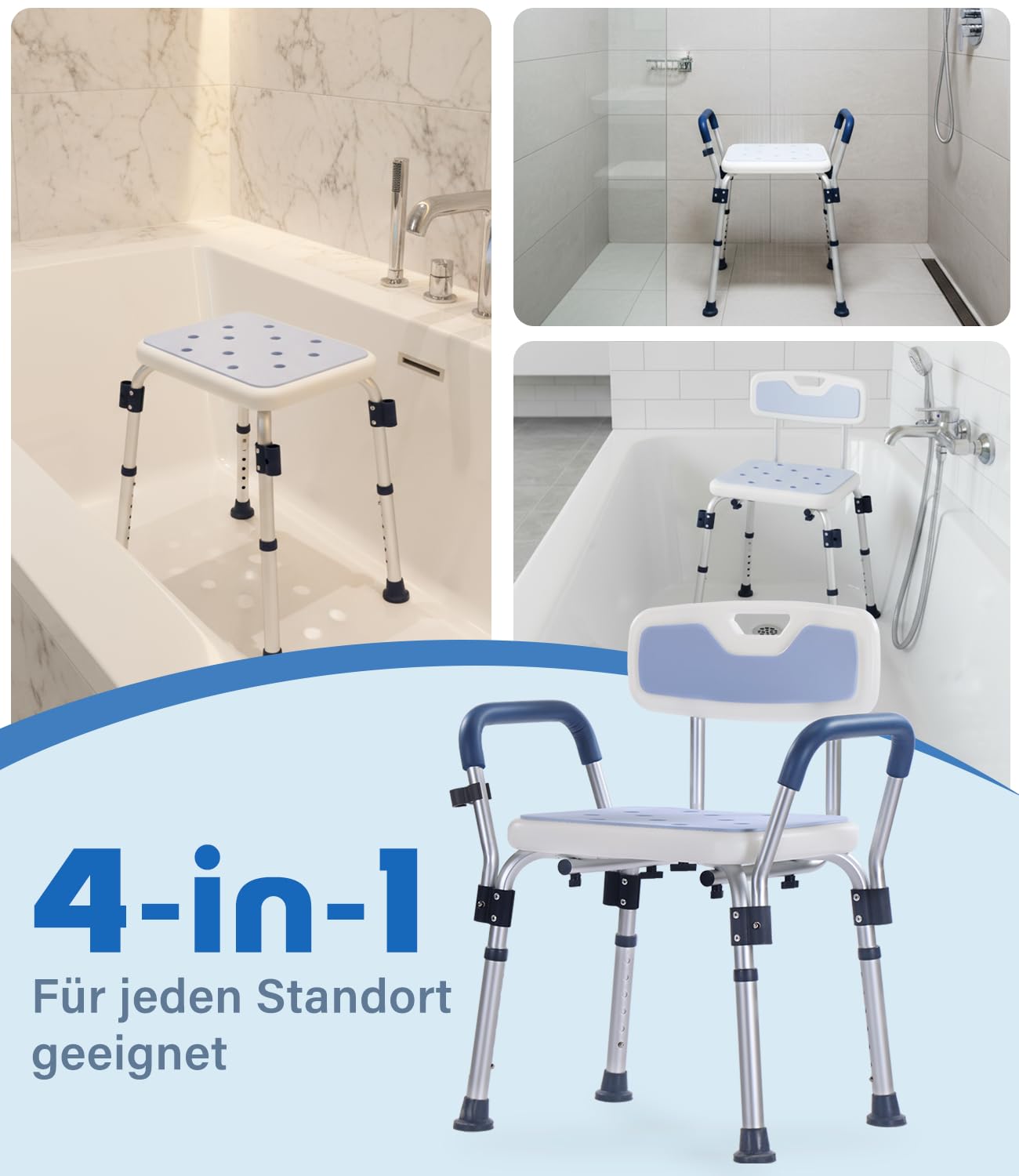 Silla de baño para personas mayores con respaldo extraíble, con capacidad de carga de 160 kg, 6 niveles de ajuste de altura (68 – 81 cm) | Silla de ducha con pies antideslizantes