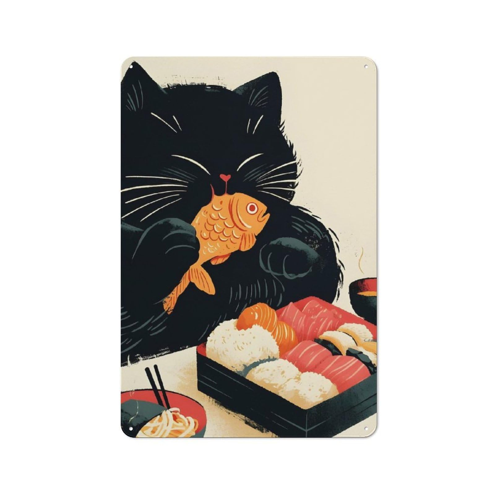 Junmoney Style-20 Metal Wall Sign 30X20cm Featuring Black Cat With Sushi - Chubby Cat For Garage Or Workshop, For Vintage Wall Decor Fans, For Metal Sign Collectors