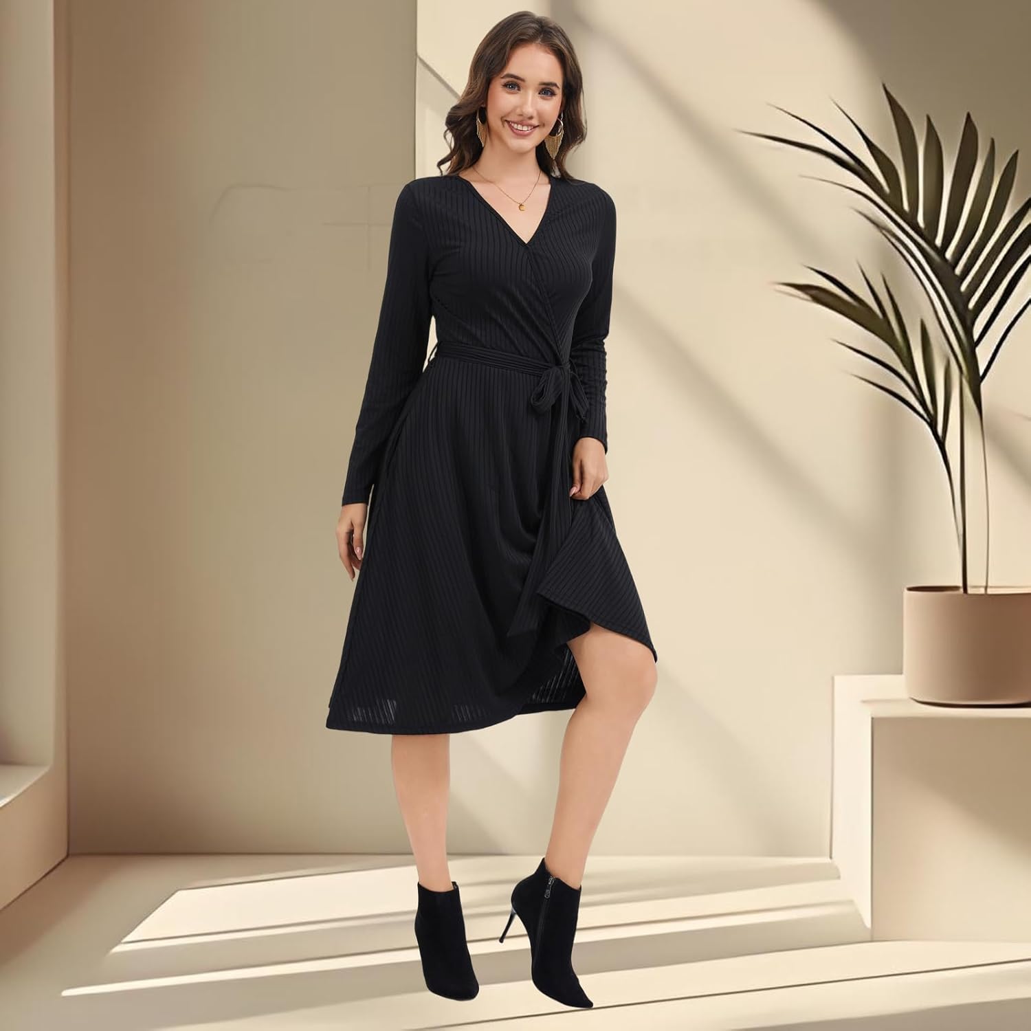 shengfan Women's V Neck Casual Long Sleeve Sweater Dress Wrap Work Wedding Dresses with Belt - Image 4