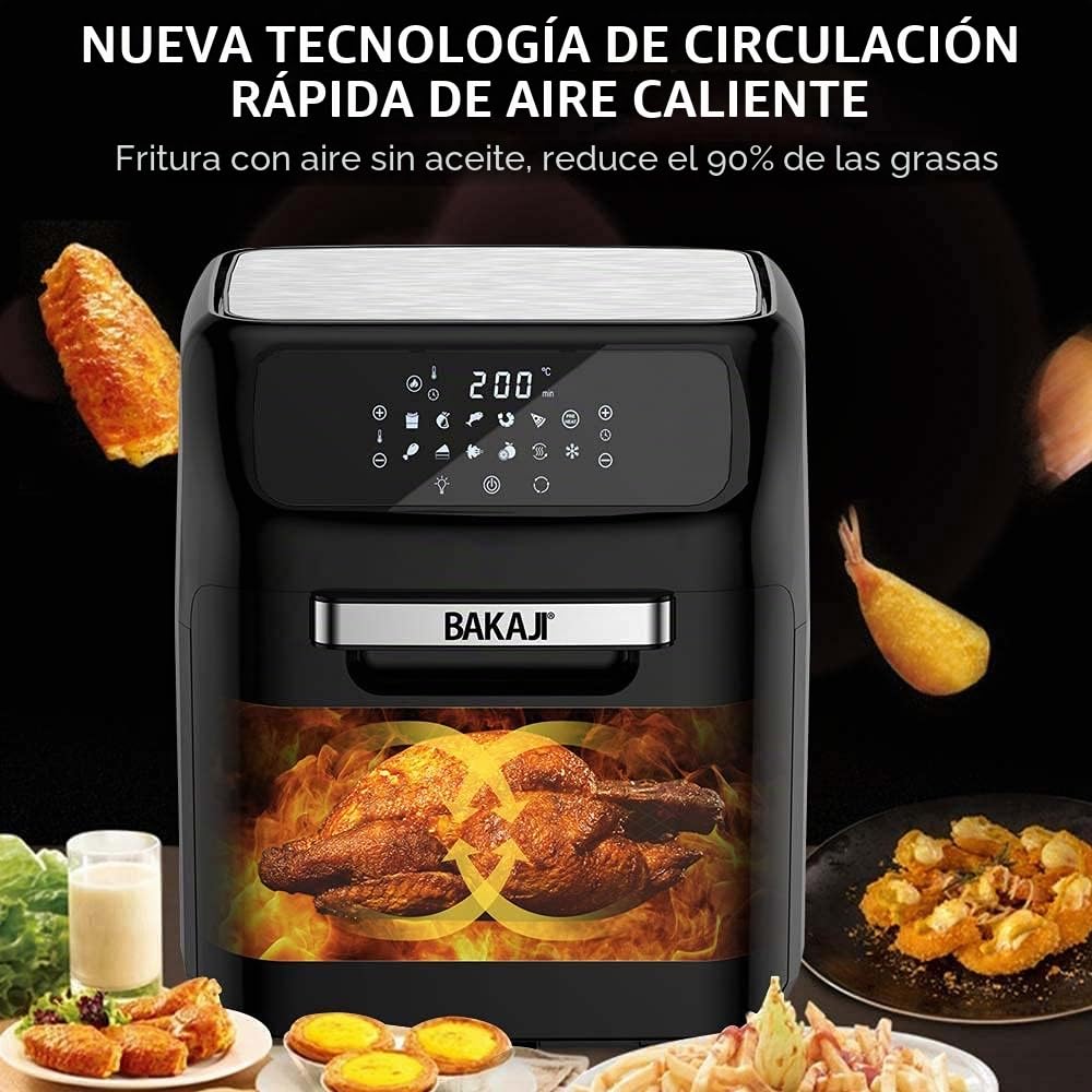 Bakaji Horno freidora de aire caliente para freír cocina parrilla seca sin aceite Airfryer capacidad 12 litros pantalla LED táctil 12 programas temporizador regulación temperatura potencia 1800 W