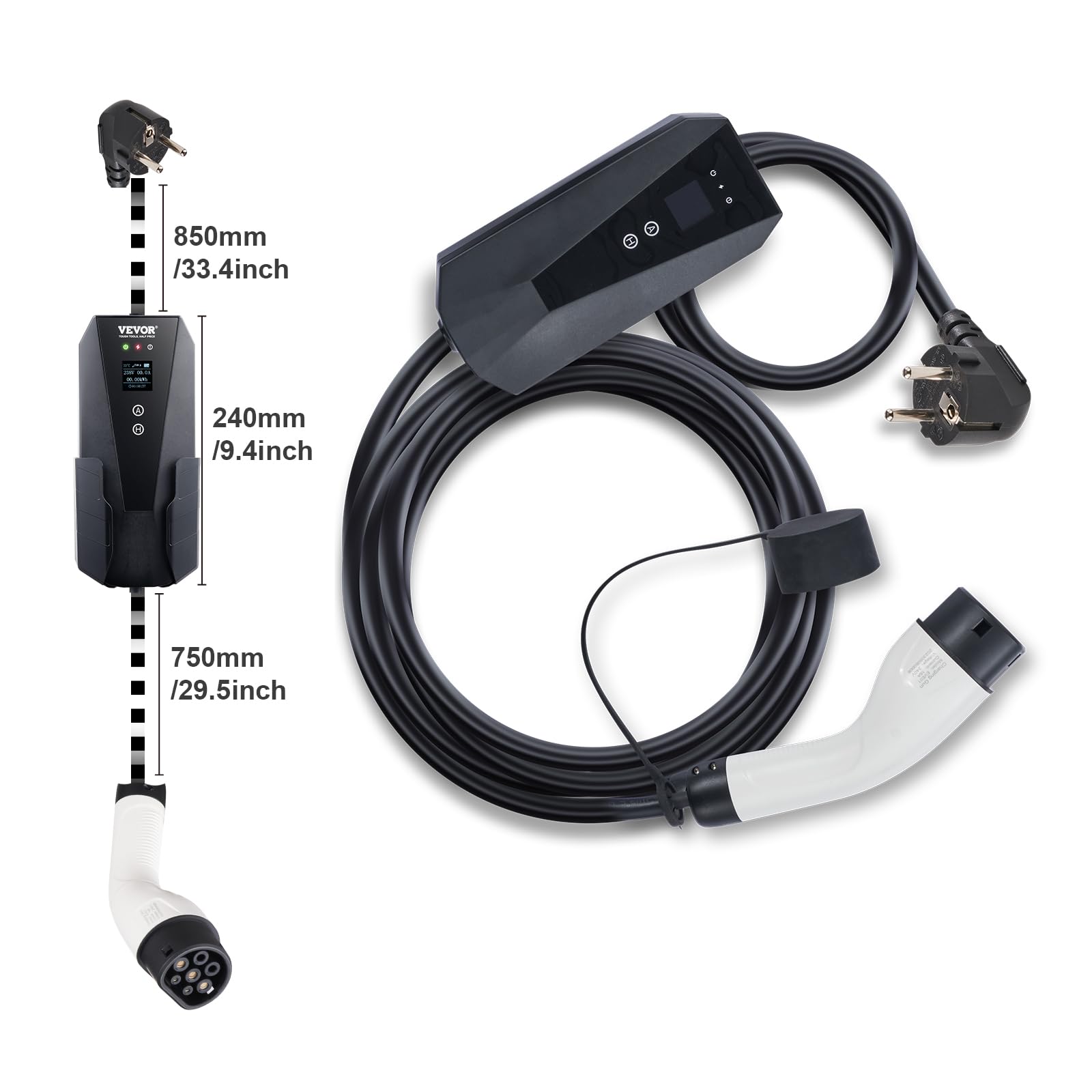VEVOR Tragbares EV-Ladegerät 16A 3,68kW mit LCD-Display Ladegerät für Elektrofahrzeuge EV-Ladekabel Typ 2(IEC62196) CEE 7/7 Stecker 16A 1-Phasig EV-Ladestation 8,6m Kabellänge IP66 Wasserdicht Wallbox