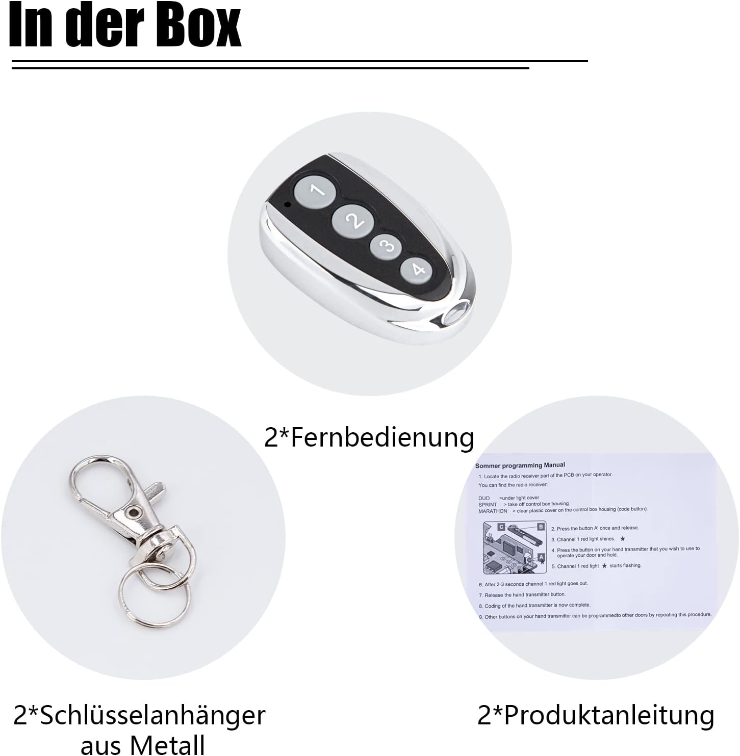 Image showing the contents of the product box: two remote controls, two metal keychains, and two product instruction manuals, one of which displays the Sommer programming steps.