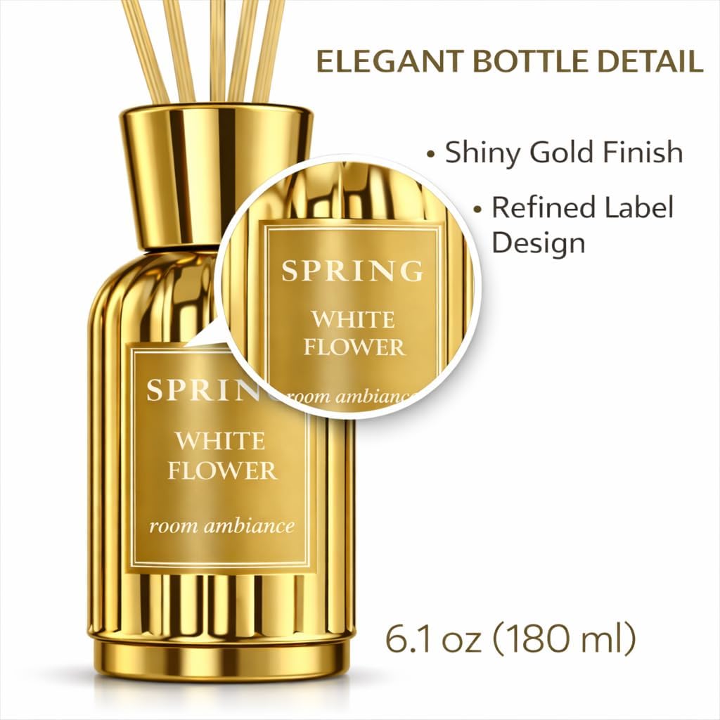 SPRING Reed Diffuser Set – Luxury Long-Lasting Home Fragrance | Fragrance Made in France | White Flower Scent (Lily, Jasmine & Tuberose) | Alcohol-Free | 6.1 oz (180 ml)