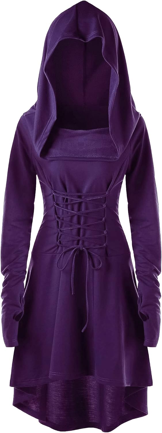 Medieval Cloak Hooded Dress for Women Renaissance Gothic High Low Dress Vintage Long Sleeve Steampunk Hoodie Dresses Viking Pirate Witch Cape Dress B Purple