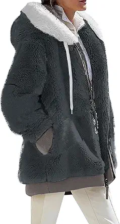 Fuzzy Fleece Jackets for Women Plus Size Hoodies Fall Winter Coats Color Block Patchwork Cardigan Coat with Pockets
