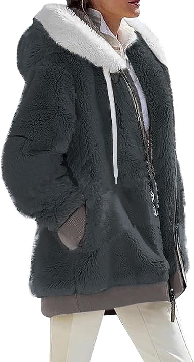 Fuzzy Fleece Jackets for Women Plus Size Hoodies Fall Winter Coats Color Block Patchwork Cardigan Coat with Pockets