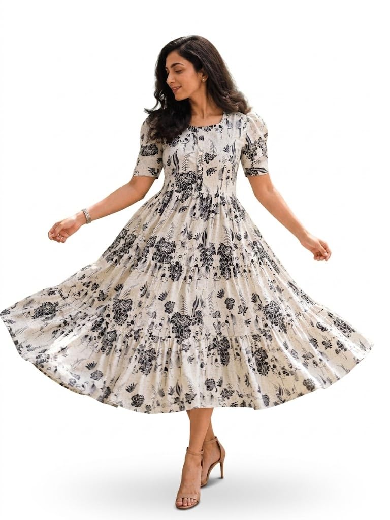 Women's White Floral Printed Cotton Midi Dress | Round Neck Tiered A-Line Dress with Puffed Sleeves | Casual Summer Dress for Office, Vacation, Festive Occasions-picture-31