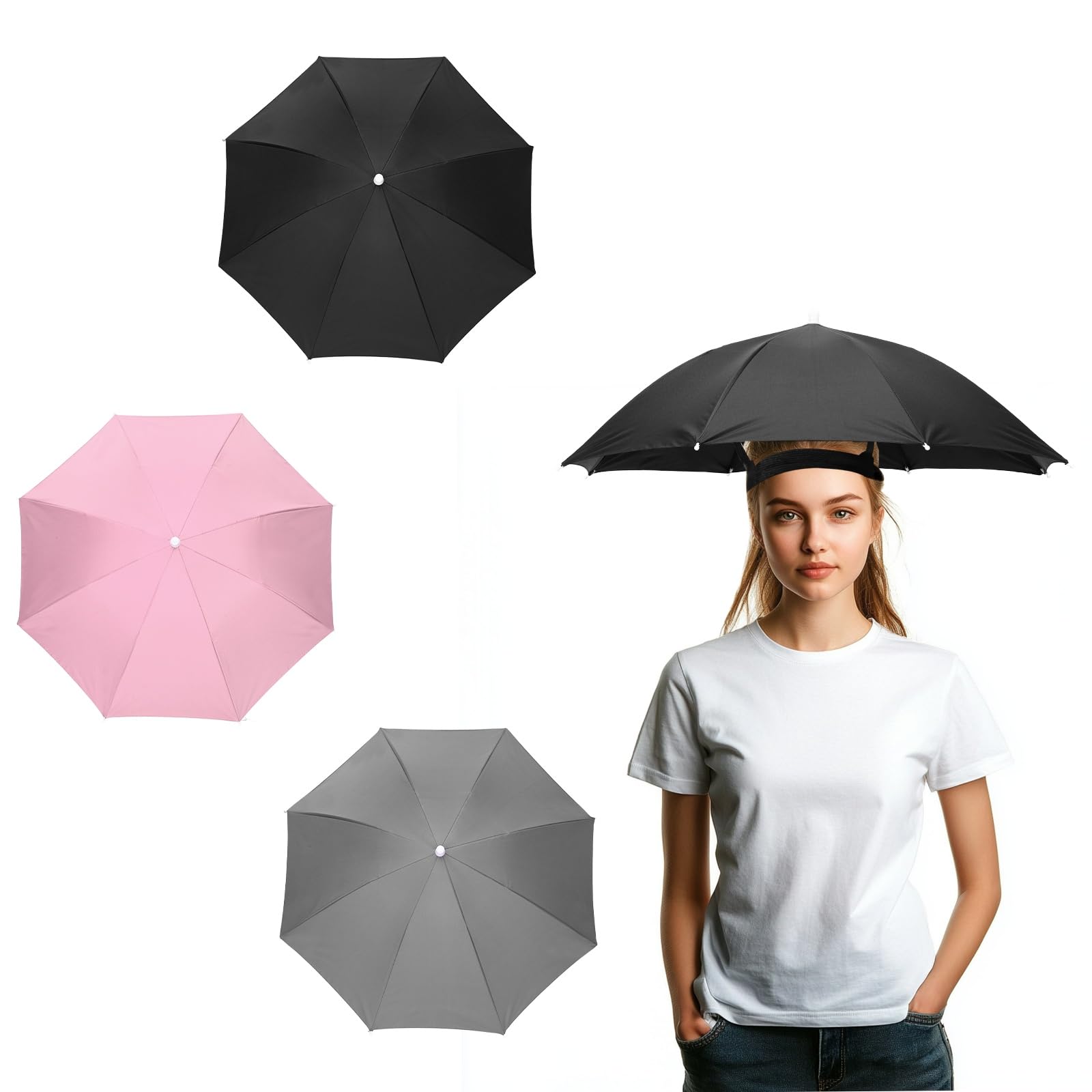 YELARXI Umbrella Hat, Fishing Hat Waterproof Adjustable Sun Rain Cap with Elastic Band, 27" & 3Pcs & Black, Gray, Pink - Fitting For(Women/Men Fishing/Camping/Gardening/Beach/Sunshade)
