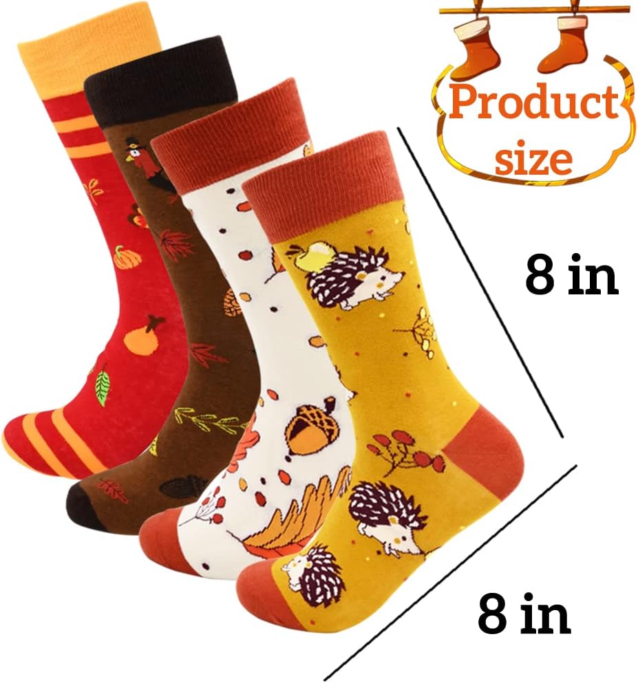 UMEELR 4 Pairs Thanksgiving Socks Autumn Novelty Holiday Maple Leaf Pumpkin Fall Turkey Funny Crew Socks for Women Men - Image 2