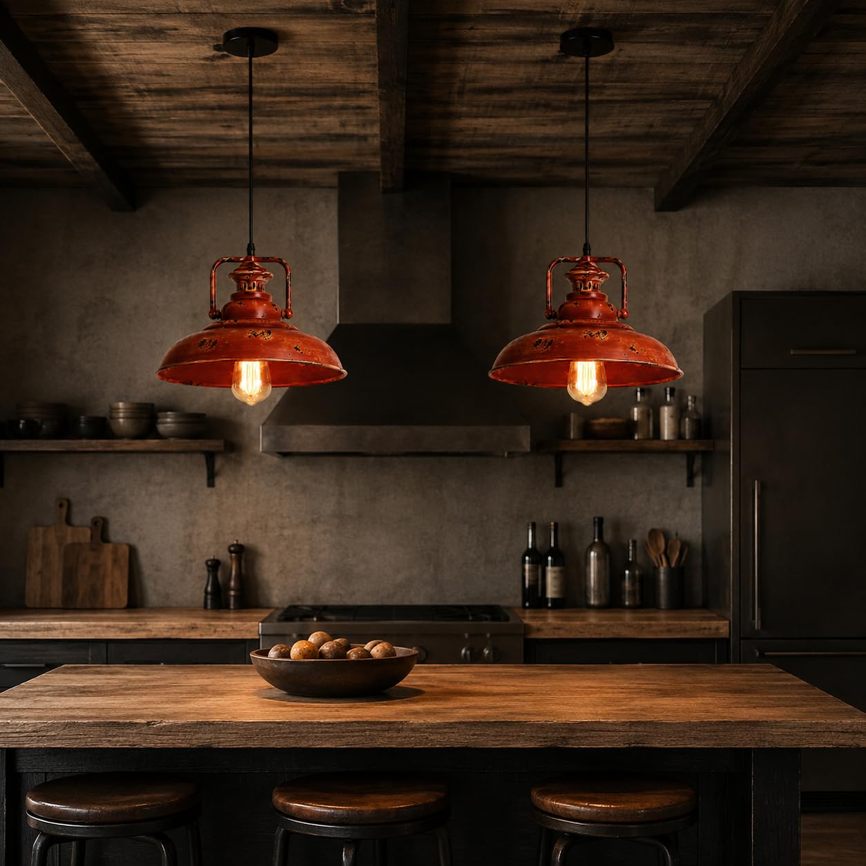 Rustykalna czerwona lampa wisząca z postarzanym metalowym kloszem, E26/E27