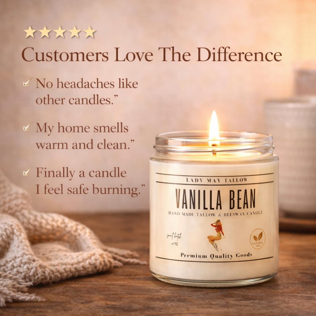 Classic Tallow & Beeswax Candle 16oz | 7 Natural Scents | Non-Toxic Clean Burning (Vanilla Bean)