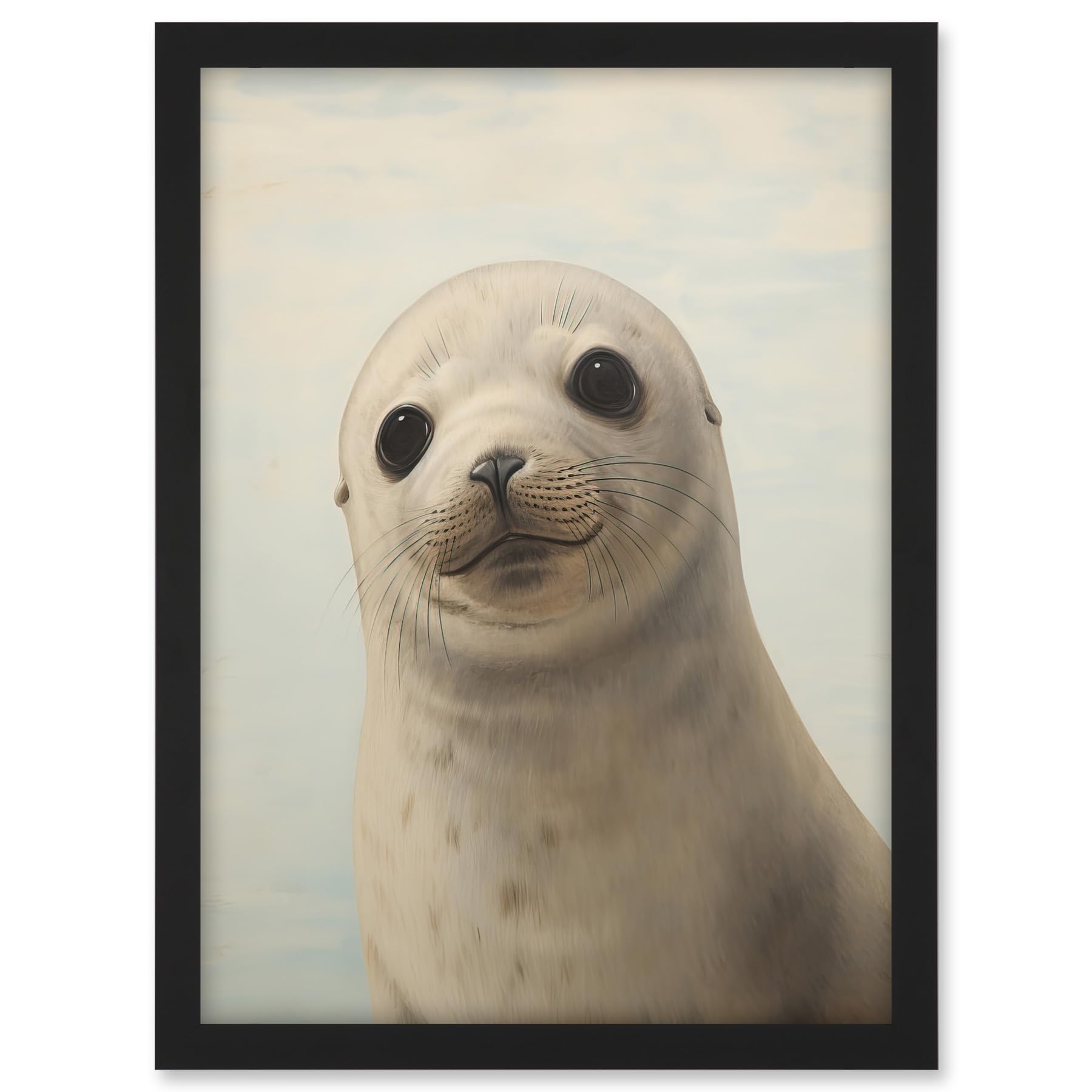 Artery8 Adorable Baby Seal Pup Portrait Oil Painting Calming Kids Bedroom Cute Arctic Animal Artwork Framed A3 Wall Art Print