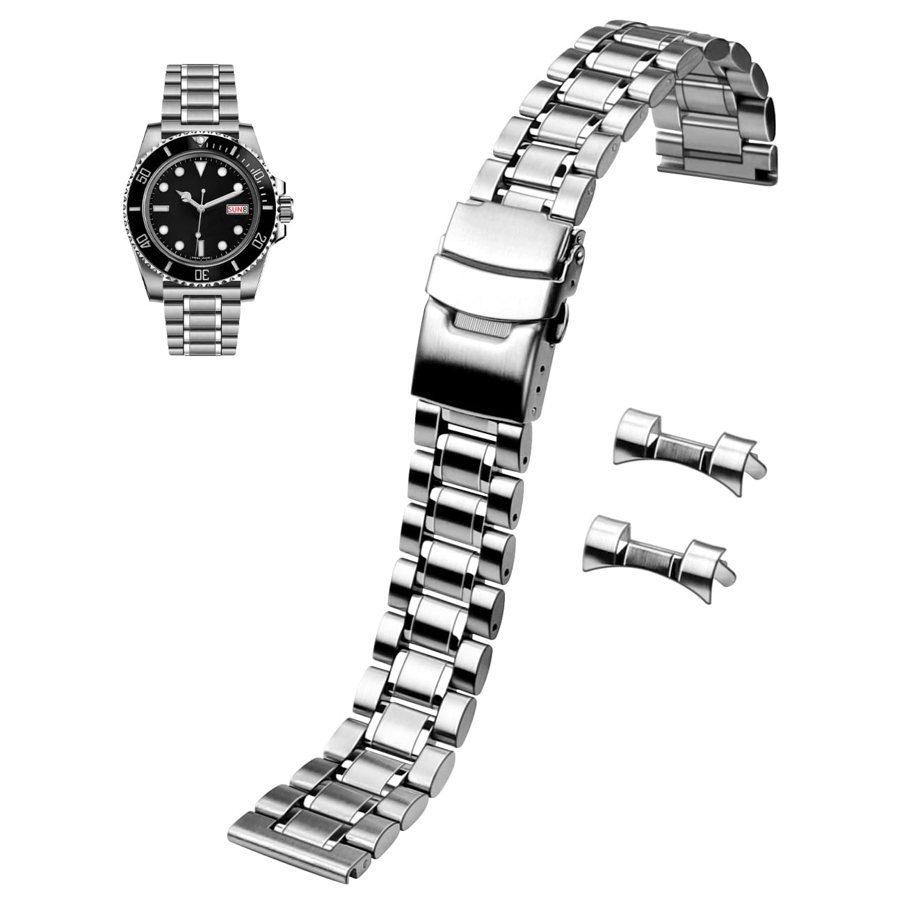 Bracelet de montre universel de 22 mm en acier inoxydable massif avec extrémités incurvées, bracelet de rechange pour homme et femme, argent
