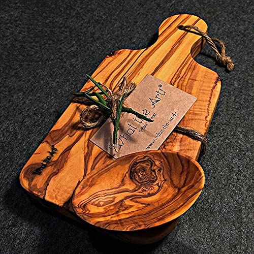 What the Art!® Olive Wood «Le Provençal» Gr. M | Olivenholz Schneidebrett inkl. Dip-Schälchen + Geschenk | 30 x 15 x 2 cm | Käsebrett - Servierbrett - Brotzeitbrett - Vesperbrett Cover