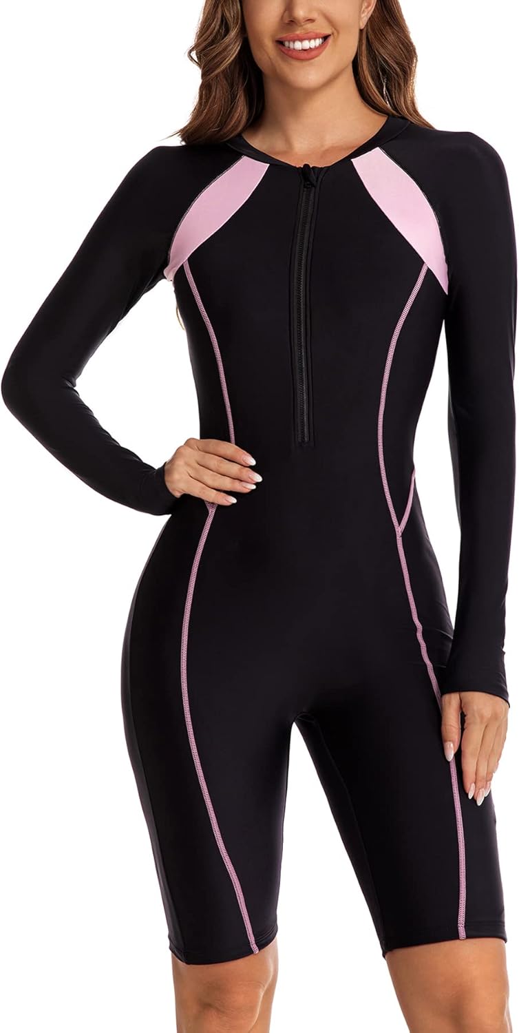 ECUPPER Women Long Sleeve One Piece Swimsuit Boyleg Zipper Rash Guard Bathing Suit Coverage Surfing Swimwear Built in Bra
