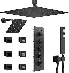 Black Thermostatic Shower System Dual Shower Heads with 16" Ceiling Mounted Rain Shower Head & 6" Wall Mounted Head 4 Function Full Body Shower System with body jets Can All Run Together