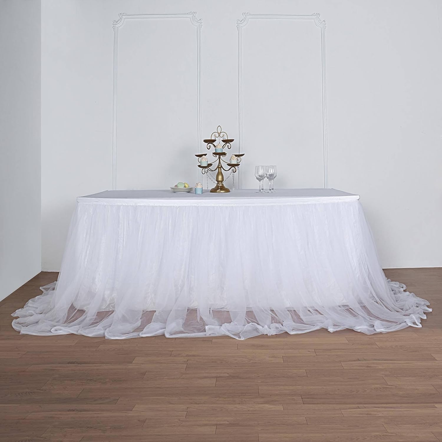 Efavormart 14Ft White Extra Long 48" Two Layered Tulle & Satin Table Skirt for Wedding Party Decoration