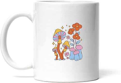 Mushroom and Flowers Design Gifts for Nature Lovers 11oz 15oz White Coffee Mug
