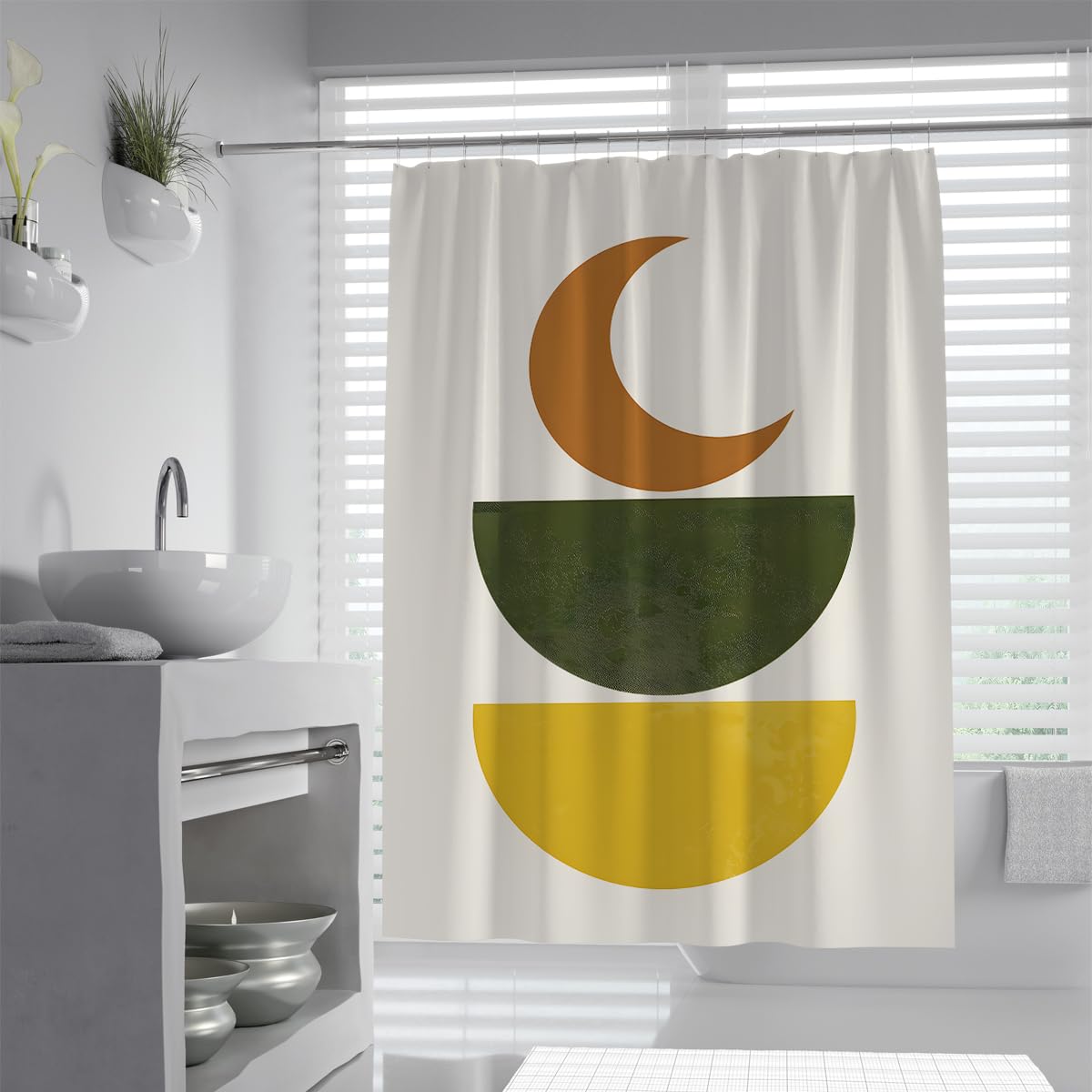 UIRINGART Celestial Bathroom Curtains W150xL200cm Abstract Geometric Moon and Layered Semi Circle Pattern Mildew Mould Resistant Polyester Fabric Bath Curtain