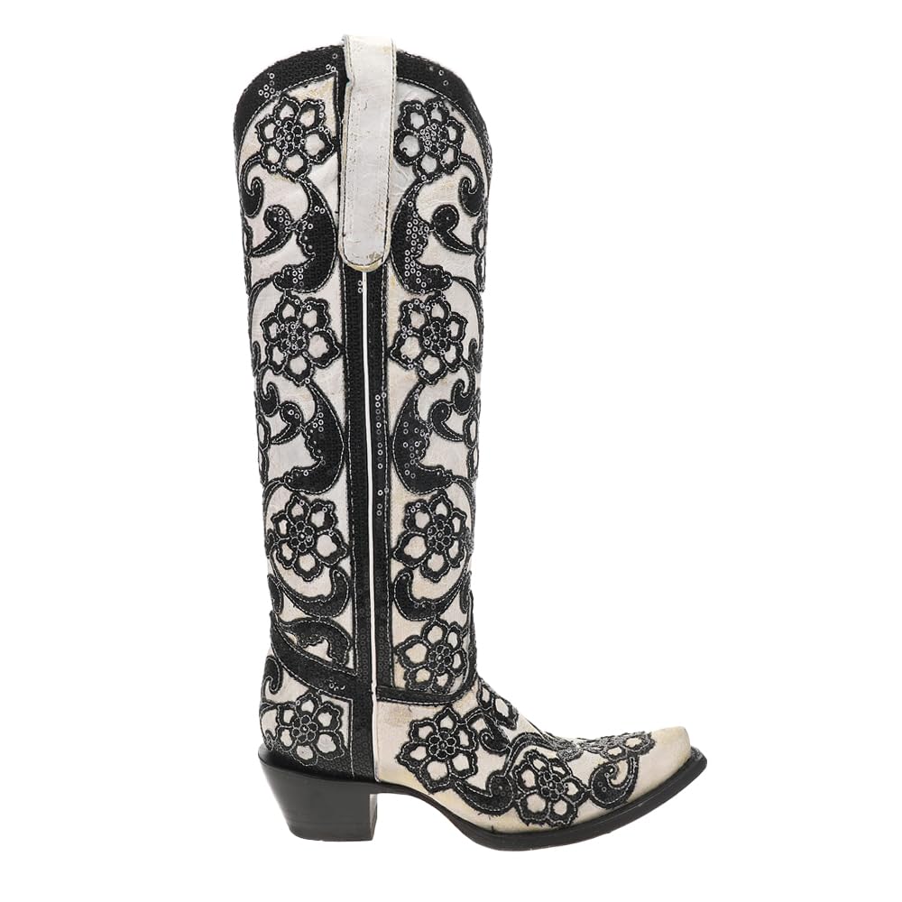 Corral Boots Womens Floral Sequin Overlay Embroidered Tall Snip Toe Casual Boots Knee High Mid Heel 2-3 -