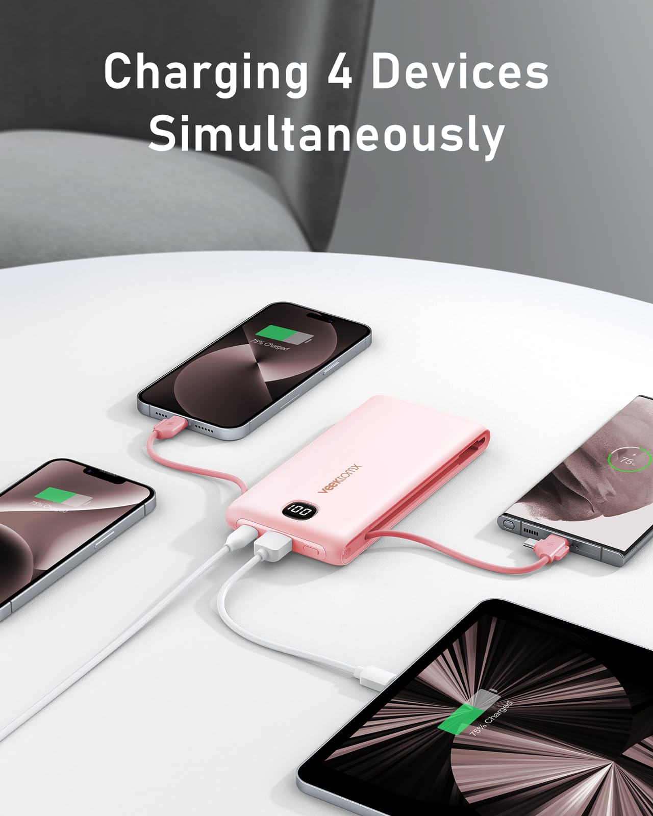VEEKTOMX 10000mAh Portable Charger with Built-in Cables & Wall Plug view 5