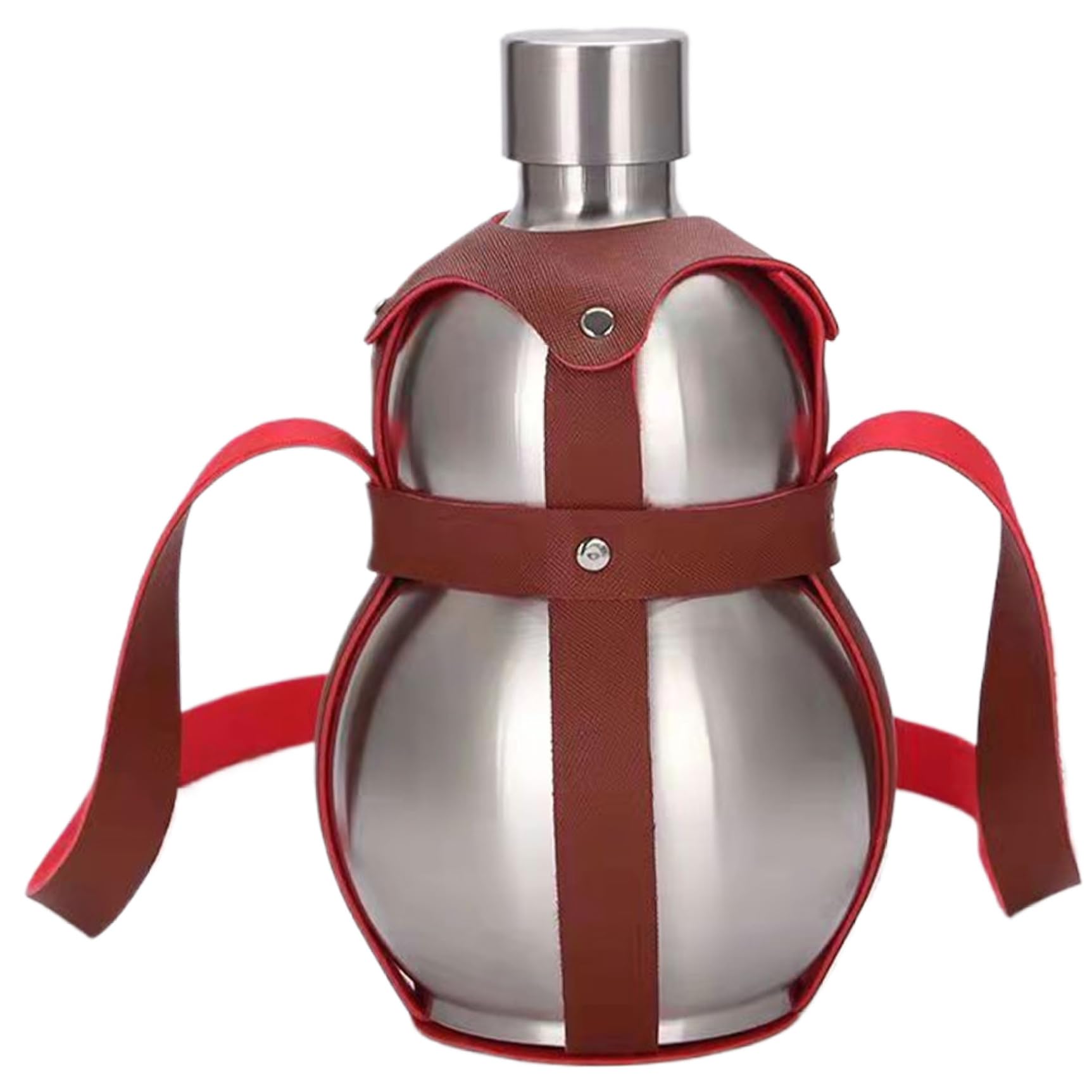 Ameble 53 Oz Stainless Steel Gourd Water Bottle, Portable Drinking Gourd with Brown Strap, Bottle for Juice, Milk, Wine, Drinks, Travel Flask