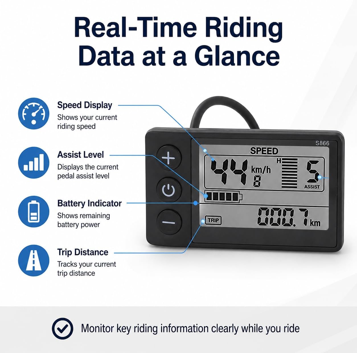 Electric Bike LCD Display, Electric Bike LCD Display Meter,S866 Electric Bike LCD Display,Electric Bike LCD Display Panel,Waterproof Plug LCD Display,24V 36V 48V LCD Display
