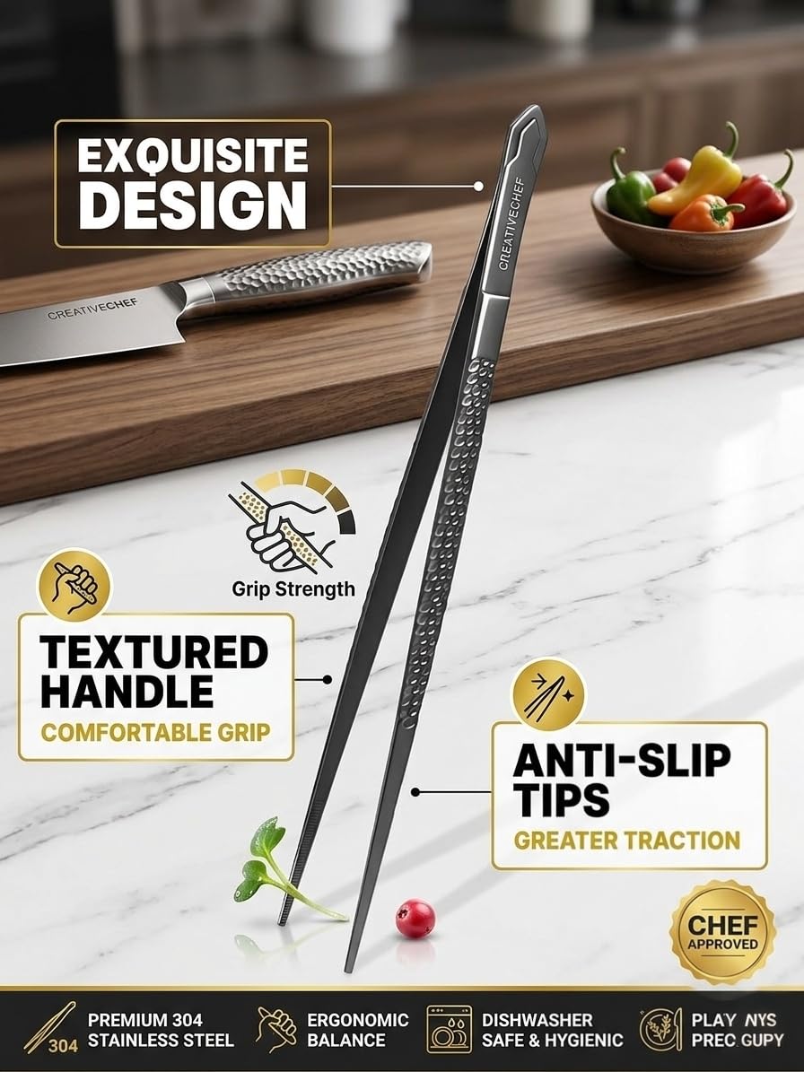 2 Piezas Pinzas de Cocina para Emplatar Ergonómicas para Alimentos, Pinzas Finas, Herramienta de Cocina de Chef para Alimentos y Reparaciones, Pinzas de Acero Inoxidable, Pinzas de