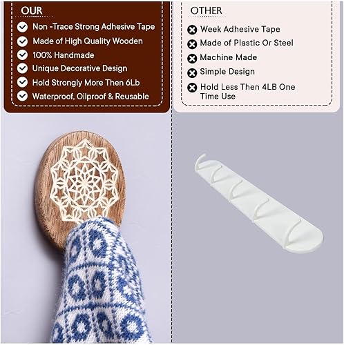 Miniatura 13 de Indian Shelf 3 ganchos, 6 tiras de ganchos de pared adhesivos de madera, ganchos decorativos de pared para colgar, gancho adhesivo bohemio