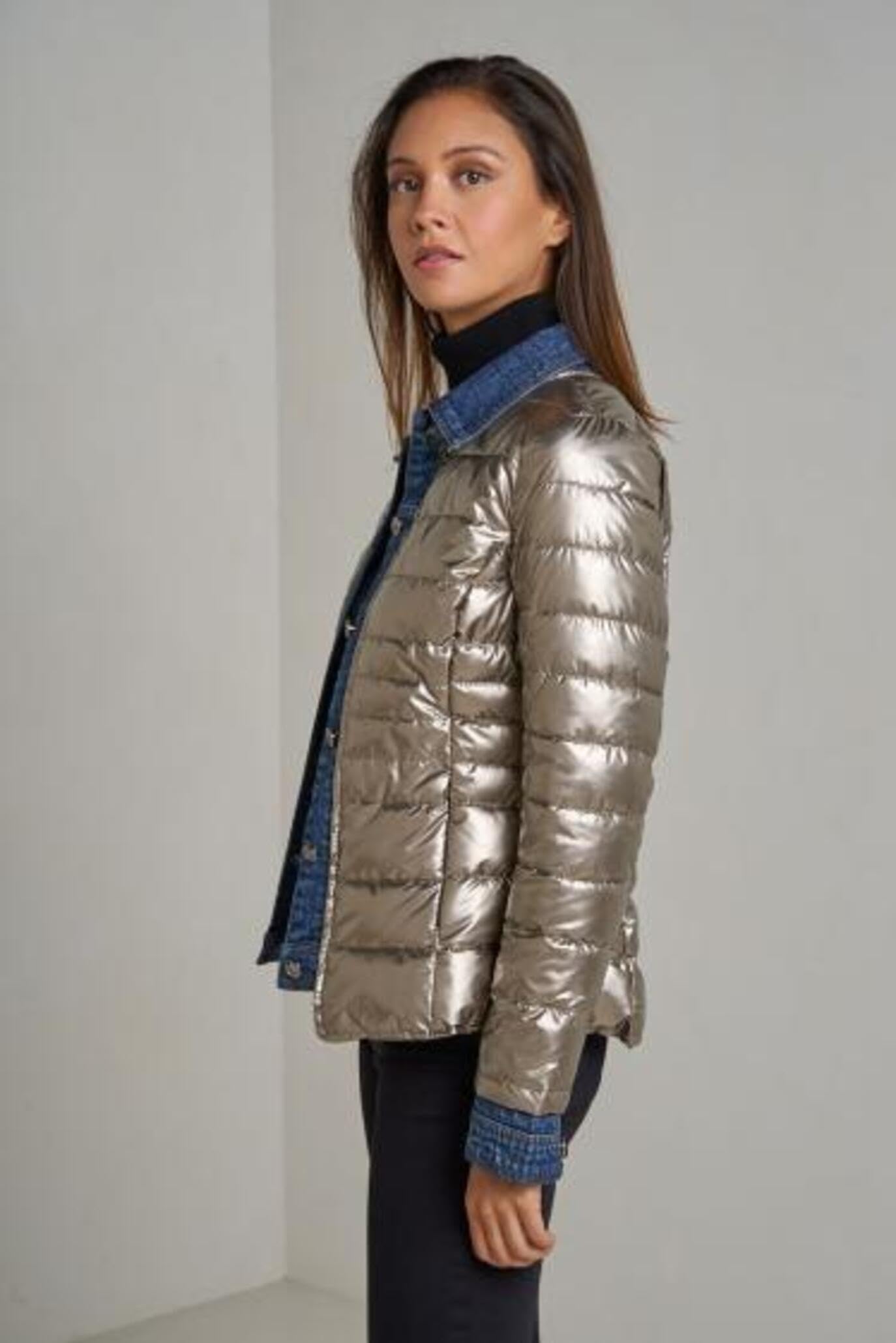 Miro Boho Chic New York 88 Veste matelassée pour femme bi-matière Denim et métallisé