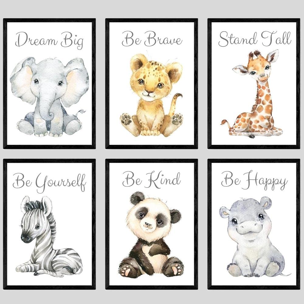 Safari Animals Baby Girl or Boy Nursery Bedroom Set of 6 Unframed Quote Prints, Wall Art Portrait Set of 6, Nursery Decor Gift Present, Elephant Lion Giraffe, Stand Tall Dream Big Be Brave (A4)