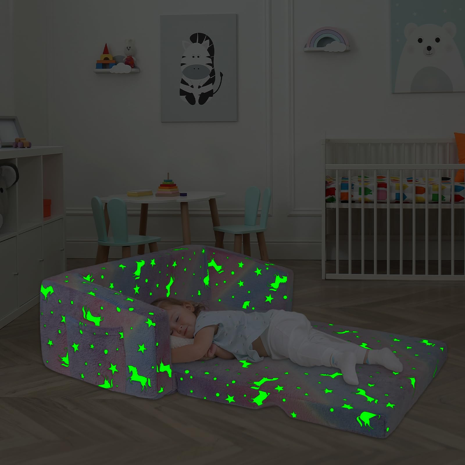 Divano Letto per Bambini 2-in-1 Pieghevole Schienale Poltrona, Comoda Stabile Divano Bambini con Tasca in Stoffa, Divano Pieghevole Leggero Apribile per Camera da Letto, Soggiorno, Unicorno Rosa