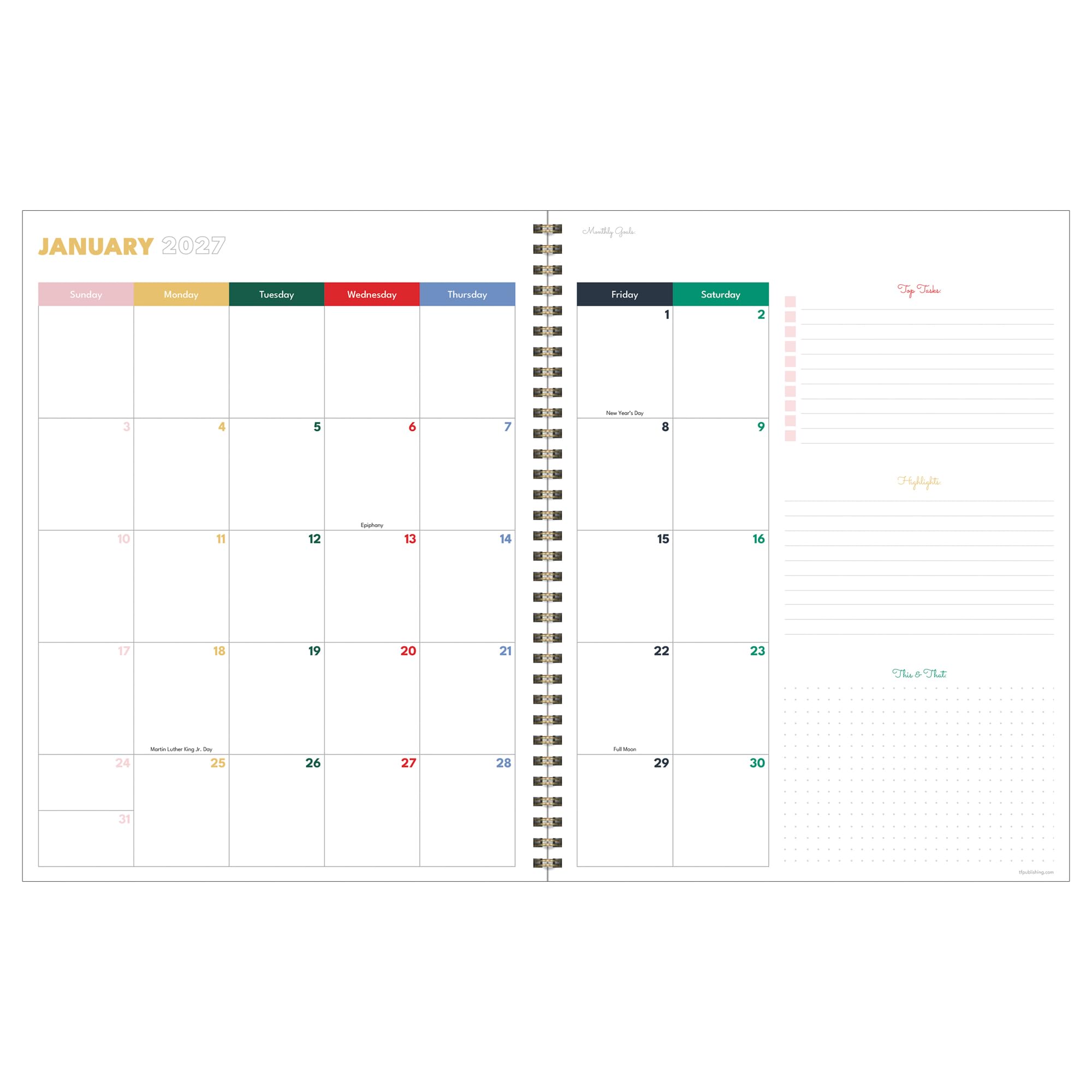 TF Publishing Agenda settimanale mensile da luglio 2026 a giugno 2027, grande, 12 mesi, con copertina resistente, carta bianca spessa, design colorato e adesivi per la pianificazione, 22,9 x 28 cm