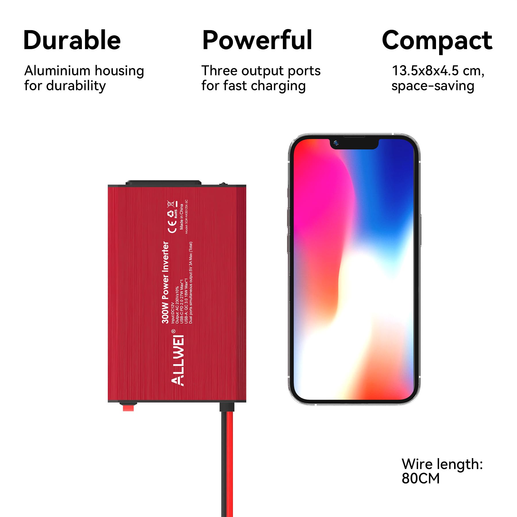 ALLWEI Przetwornica napięcia 300 W, 12 V, 230 V, falownik z przyłączem typu C i USB – do samochodu, przyczepy kempingowej, na kemping, do ładowania telefonów komórkowych, laptopów i innych urządzeń
