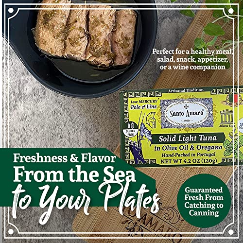Image of Santo Amaro - Artisanal Wild Tuna Fillets in Olive Oil & Oregano, Pole & Line Caught Tuna from Portugal, Hand-Packed Athens-Style Canned Tuna Fish, 22g Protein, Paleo, Keto, Low Mercury, Pack of 3