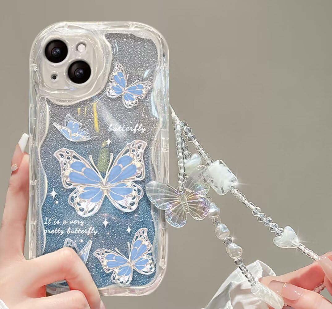 PAIX Transparent Silicone Soft Case Compatible with Vivo Y76 5G Glitter Paper Butterfly Pattern Optional Chain Mobile Phone Case Anti Drip Cream Case