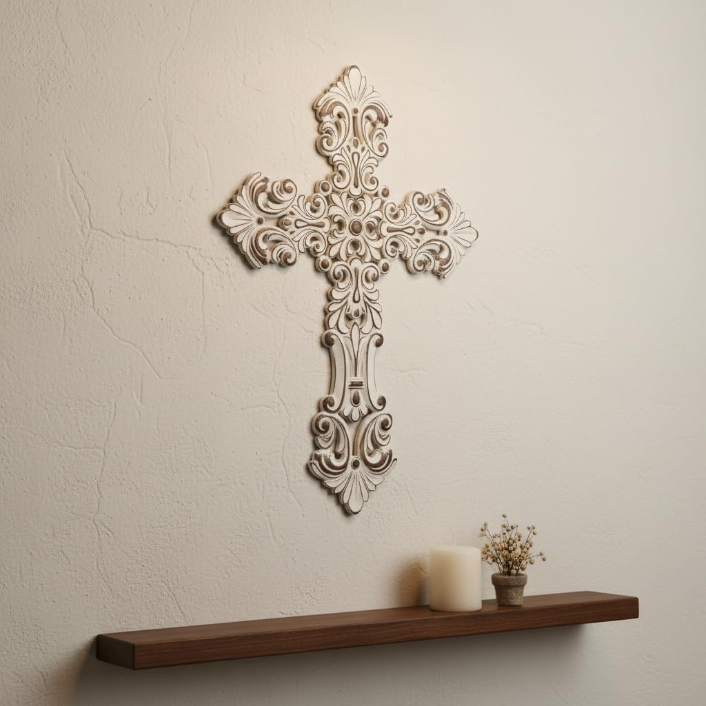 Comfy Hour 12" White Cross for Wall Decor, Decorative White Flower Hollow Out Religious Plaque, Artisan Finished Resin Wall Art for Home Sanctuary, Vintage Victorian Style, 1 Piece