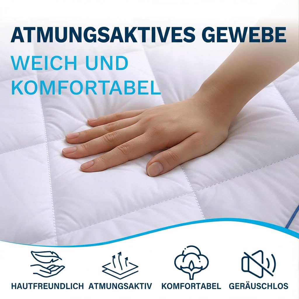 Komfort-Matratzenauflage 160x200 cm - Atmungsaktive Mikrofaser, hypoallergen und milbenhemmend, 800 g Füllung - rutschfest mit Gummibändern - Ideal für 2 Personen.