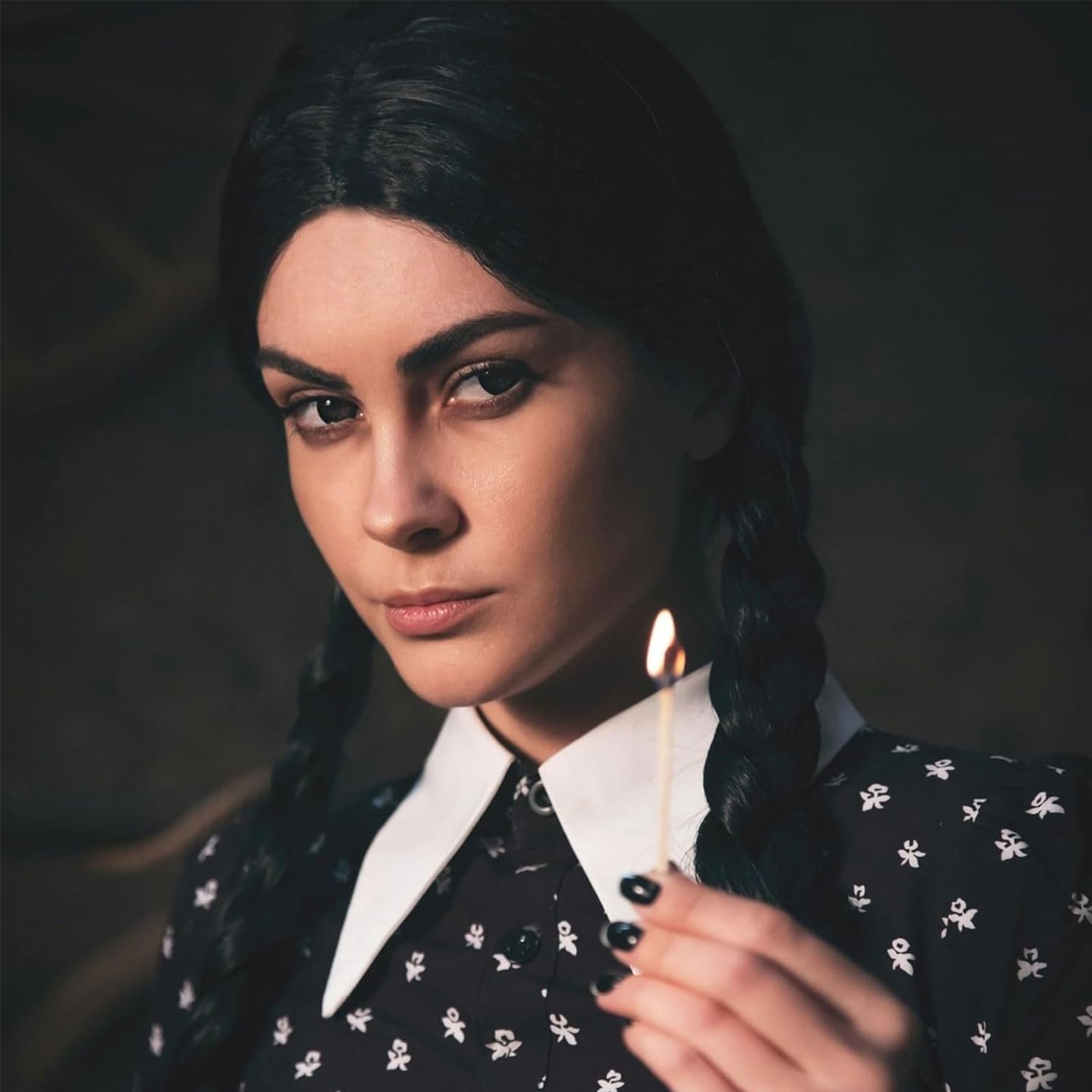 Parrucca Donna Addams, Halloween Parrucca Nera Lunga Intrecciate per Costumi Cosplay