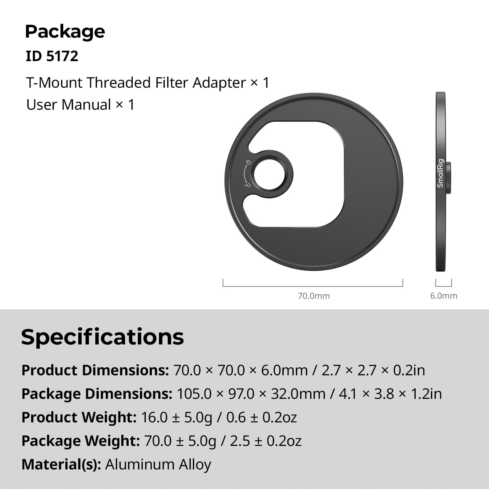SMALLRIG Adattatore per filtro filettato da 67 mm a T, compatibile con filtri da 67 mm e luci video a LED 4873, per gabbie per telefono con attacco a T e piastre posteriori per obiettivo -5172