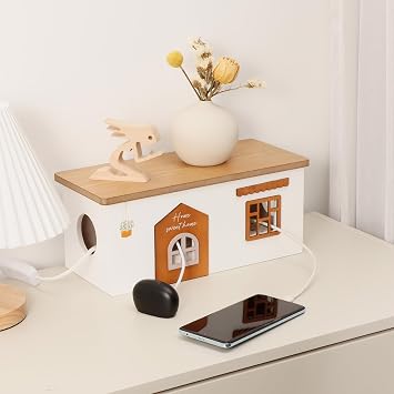 Cable Management Box, Wood Extension Cord Organizer, Handmade Power Strip Box for TV Computer Wire USB Hub System, Surge Protector Cord Hider Box on Desk or Floor (Medium)