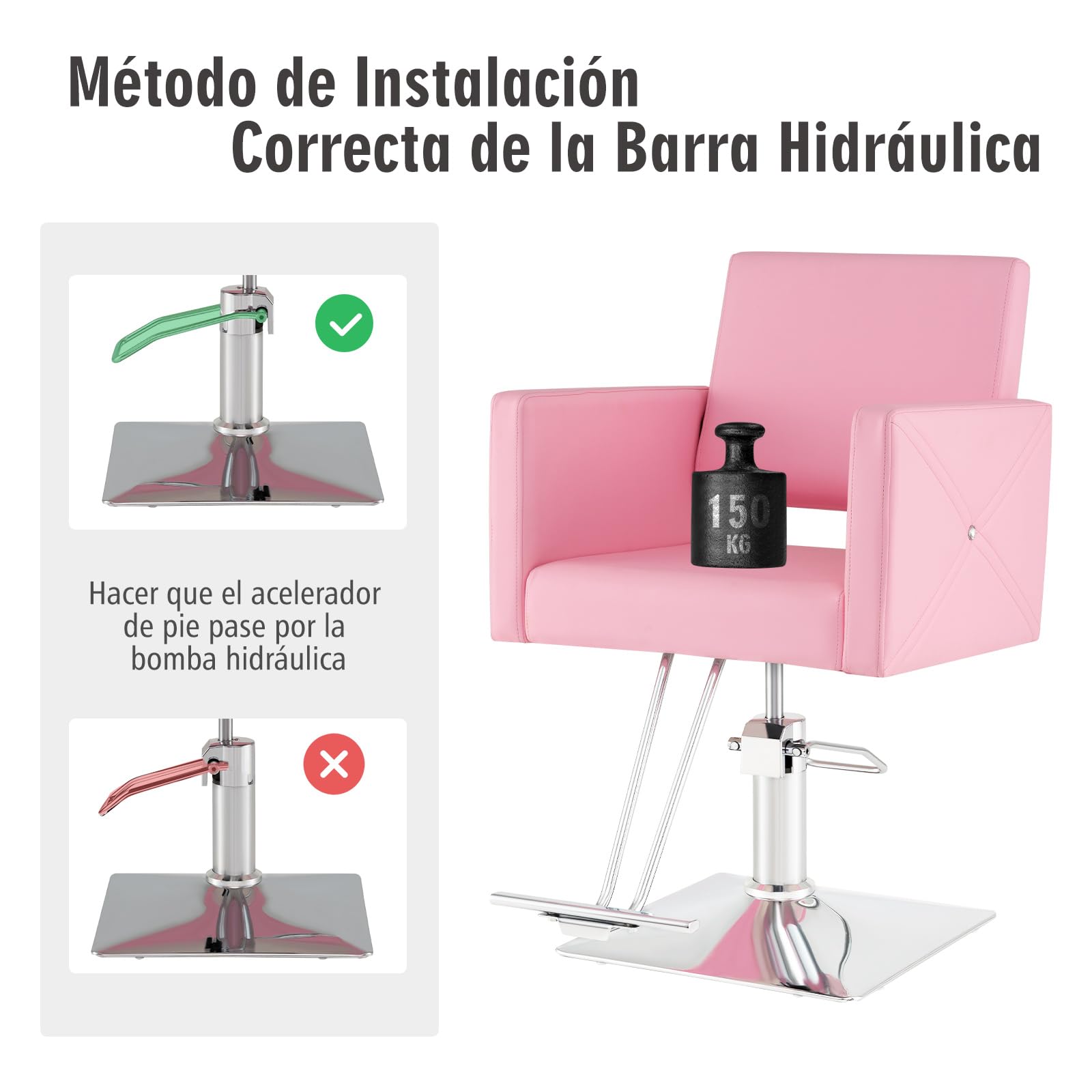 COSTWAY Silla de Peluquería con Bomba Hidráulica, Silla de Peluquería con Giro de 360°y Base Galvanizado, Altura Ajustable de 15 cm,Capacidad 150 kg, Silla de Salón Belleza para SPA, Barbería (Rosa)
