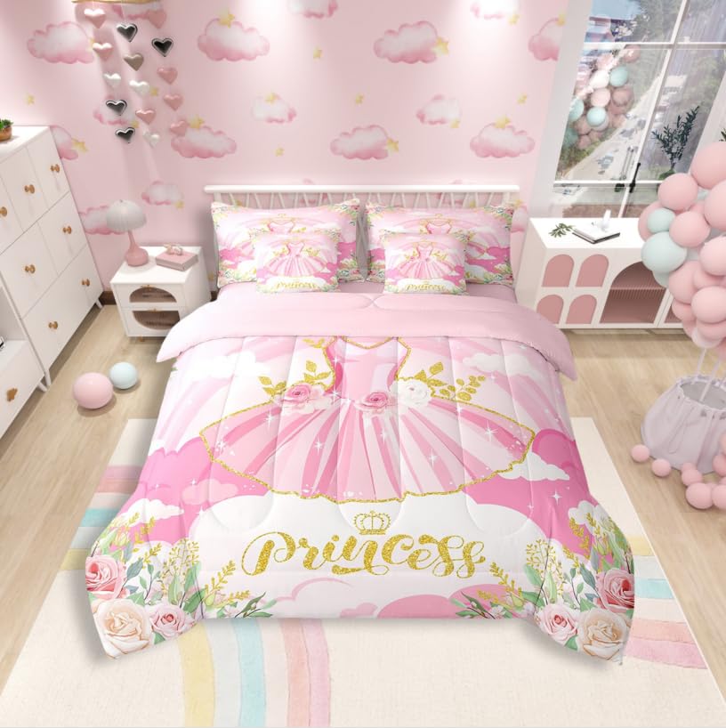 Parure de lit 7 pièces rose avec couette et drap-housse microfibre