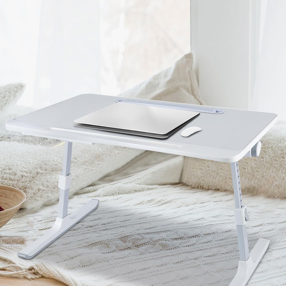 Table d’Ordinateur en Bambou Pliable Réglable avec Tiroir, Support Portable pour Lit Canapé, Blanc 60x40x27-40cm
