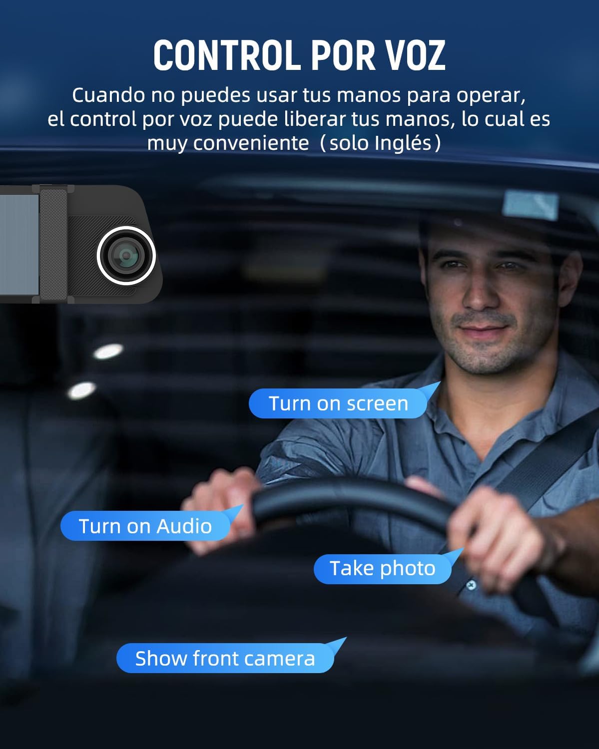 Driver using voice commands with the VISAUTO M10 Dash Cam Mirror.