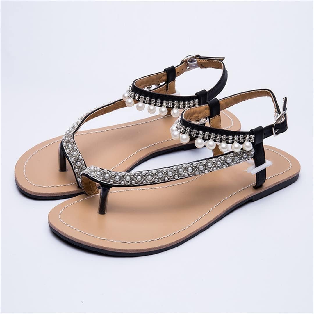 Women`S Summer Beach Pearl Sandals Flat Boho Slippers Flip Flops Shoes Casual Peep Toe