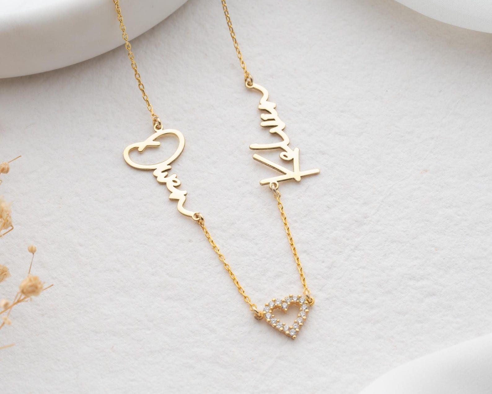 Personalizado dos collar con nombre, plata niño oro corazón delicado niños placa con nombre pequeño, Estilo diario