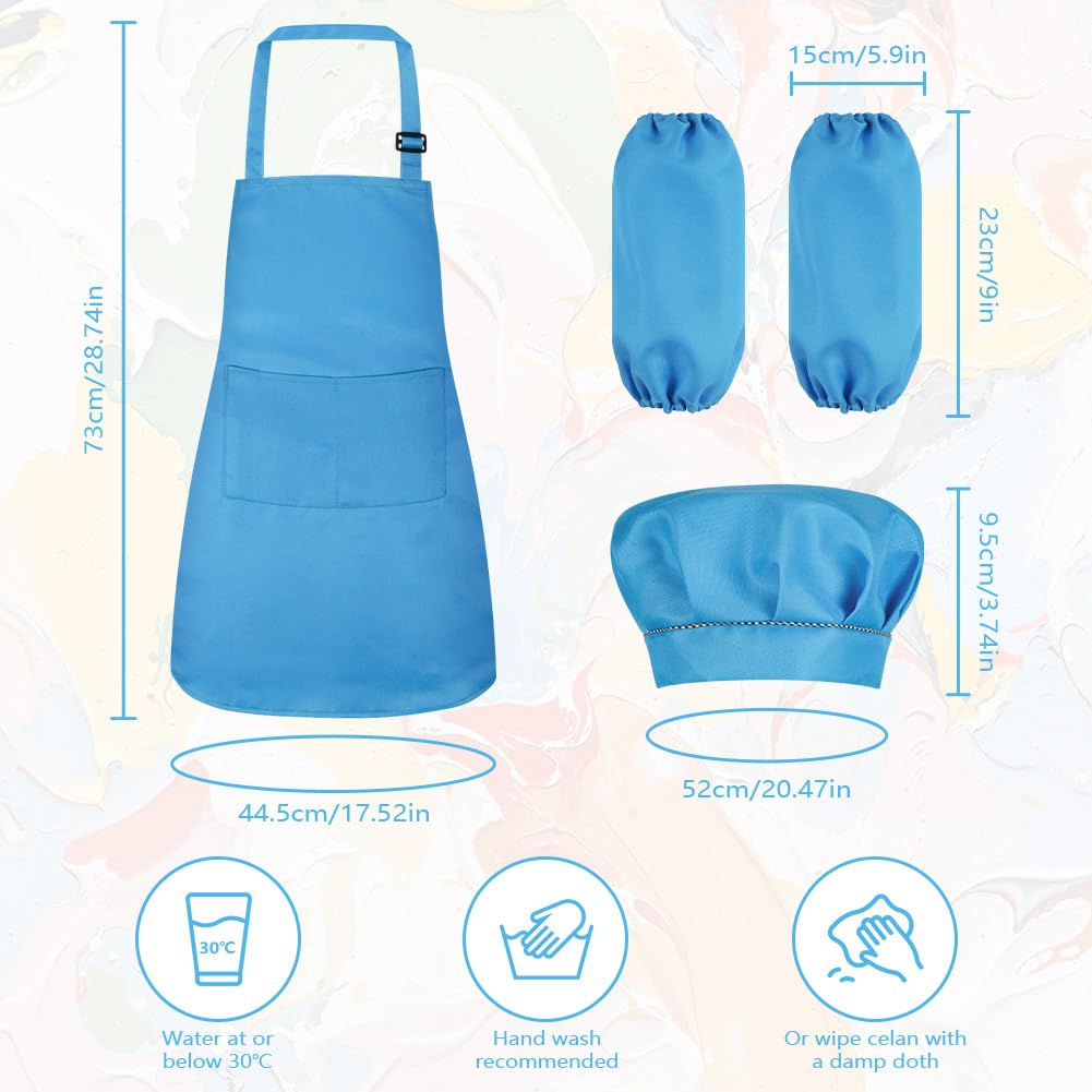 Ainiv Kids Apron and Chef Hat Set, Blue Adjustable Kids Chef Outfit with 2 Sleeves, Kids Aprons for Cooking with 2 Pockets - Image 2